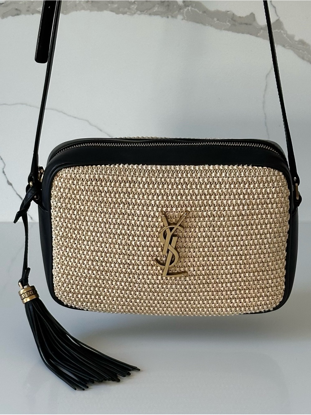 Saint Laurent Black and Beige Raffia Crossbody Camera Bag with Tassel